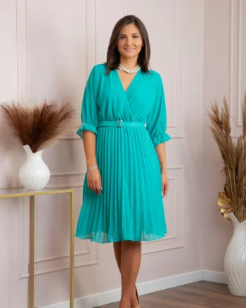 Rochie Christie turcoaz aqua din voal cu fusta plisata si curea