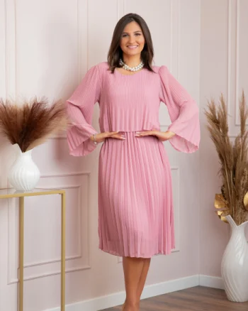 Rochie eleganta Arya roz plisata cu maneci lungi