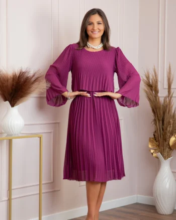 Rochie eleganta Arya fuchsia plisata cu maneci lungi