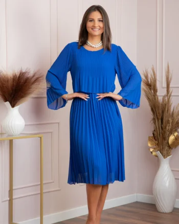 Rochie eleganta Arya albastru regal plisata cu maneci lungi