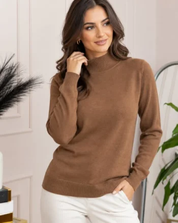 Pulover Ellen din tricot subtire cu guler inalt - Camel