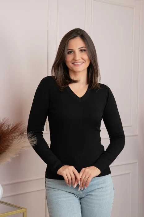 Pulover dama negru cu casmir si decolteu V Judy
