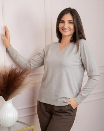 Pulover dama bej cu casmir si decolteu in V Doreen