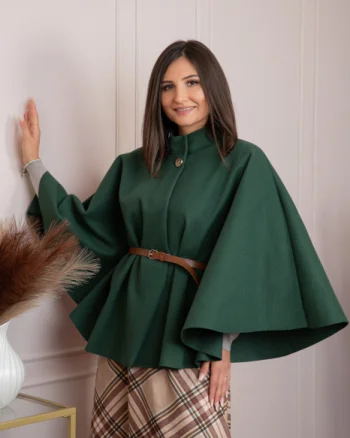 Poncho dama verde cu lana si curea in talie Kara