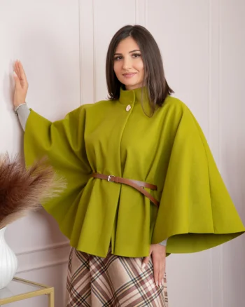 Poncho dama verde praz cu lana si curea in talie Kara