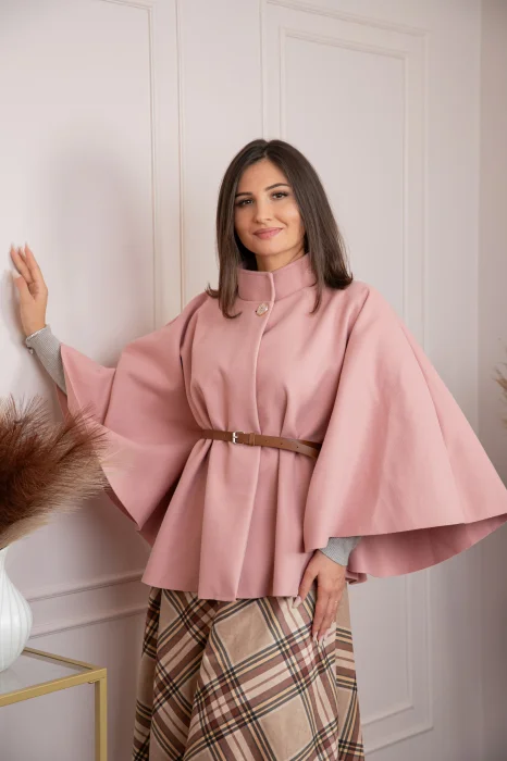 Poncho dama roz pudrat cu lana si curea in talie Kara