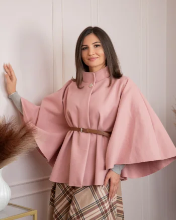 Poncho dama roz pudrat cu lana si curea in talie Kara