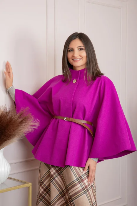 Poncho dama fuchsia cu lana si curea in talie Kara