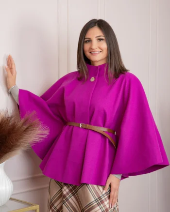 Poncho dama fuchsia cu lana si curea in talie Kara