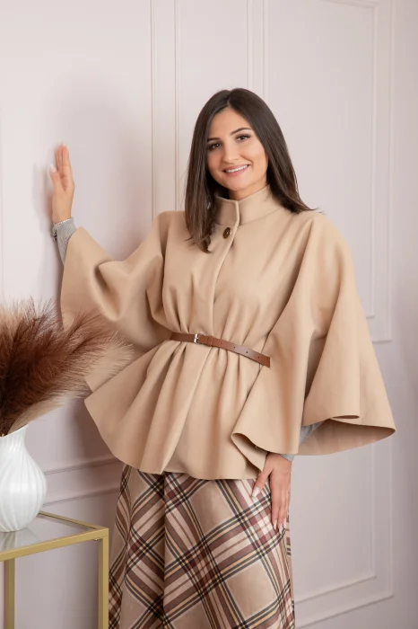 Poncho dama crem cu lana si curea in talie Kara