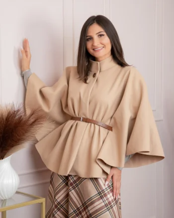 Poncho dama crem cu lana si curea in talie Kara