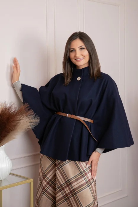 Poncho dama bleumarin cu lana si curea in talie Kara