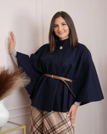 Poncho dama bleumarin cu lana si curea in talie Kara