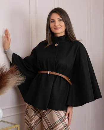 Poncho dama negru cu lana si curea in talie Kara