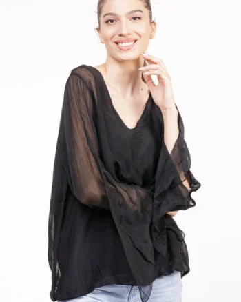Bluza din matase si vascoza neagra, cu maneca lunga, sparta