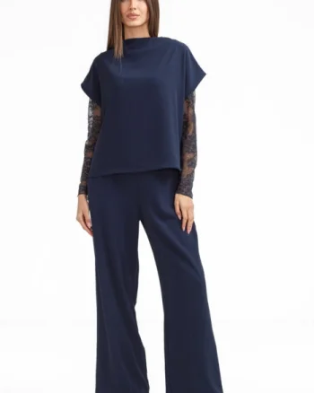 Compleu elegant dama cu bluza si pantaloni drepti, bleumarin