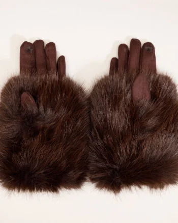 Manusi dama din material textil catifelat si suprapunere de blanita, maro