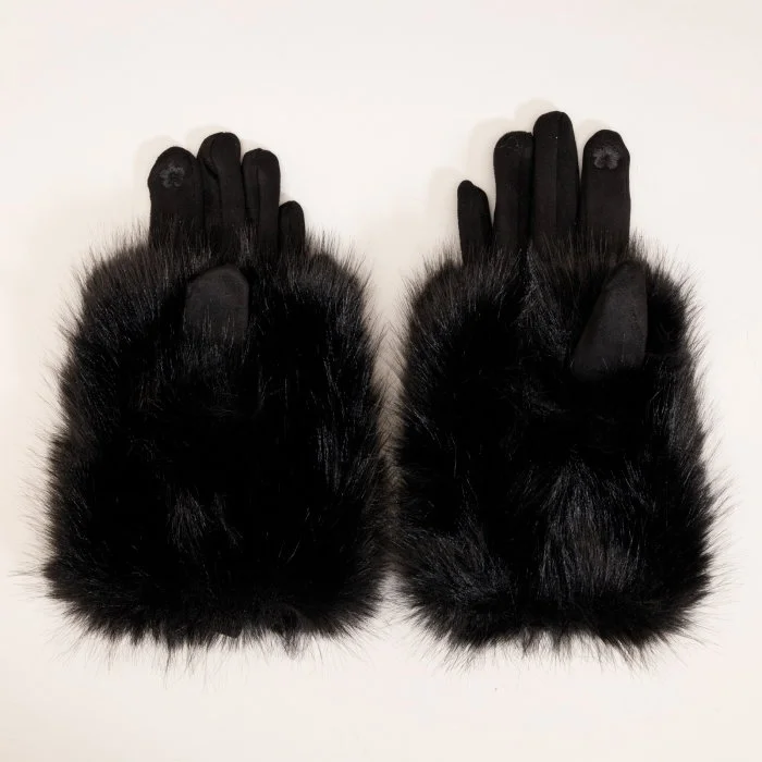 Manusi dama din material textil catifelat si suprapunere de blanita, negre