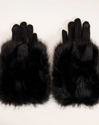 Manusi dama din material textil catifelat si suprapunere de blanita, negre