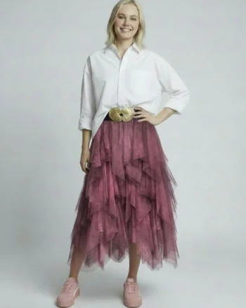 Fusta din tulle, in straturi inegale, lunga, bordo