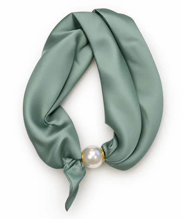 Esarfa colier satinata cu perla decorativa si inchidere magnetica, verde salvie