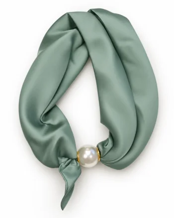 Esarfa colier satinata cu perla decorativa si inchidere magnetica, verde salvie