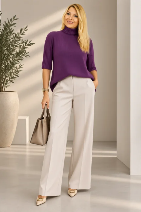Pulover versatil cu maneci scurte ribbed si guler inalt, din vascoza, mov