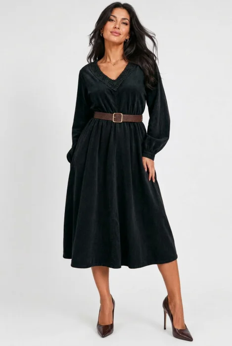Rochie midi din catifea reiata de bumbac cu dantela si curea, neagra