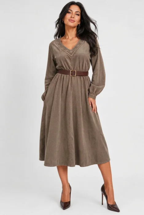 Rochie midi din catifea reiata de bumbac cu dantela si curea, bej inchis
