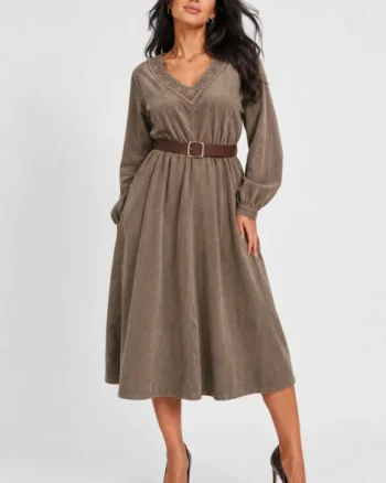 Rochie midi din catifea reiata de bumbac cu dantela si curea, bej inchis