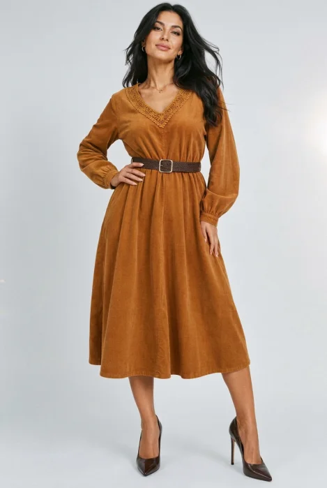 Rochie midi din catifea reiata de bumbac cu dantela si curea, camel