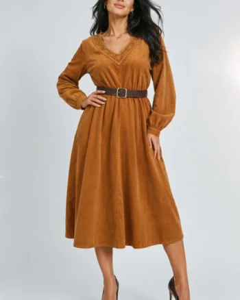 Rochie midi din catifea reiata de bumbac cu dantela si curea, camel