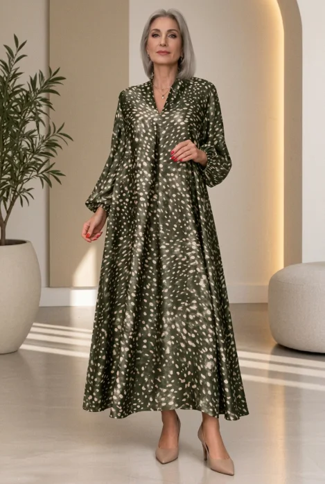 Rochie maxi din satin de matase si vascoza cu imprimeu abstract, kaki