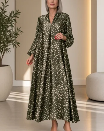 Rochie maxi din satin de matase si vascoza cu imprimeu abstract, kaki