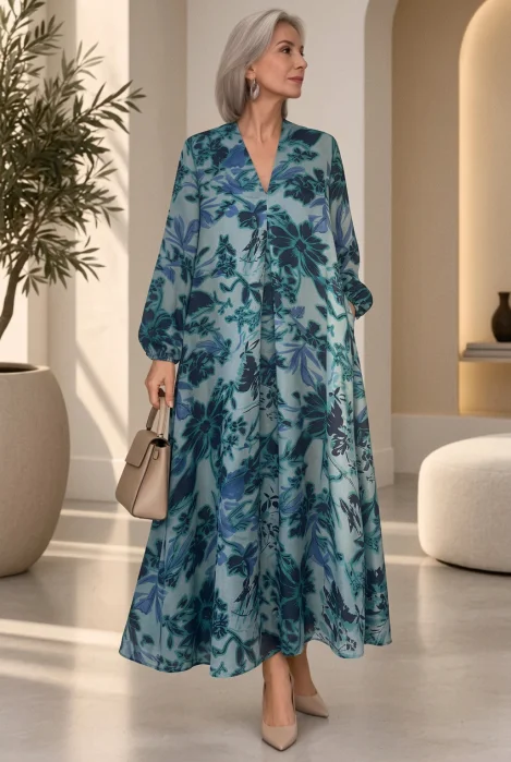 Rochie maxi din satin de matase si vascoza cu imprimeu floral, turcoaz