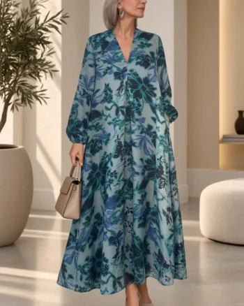 Rochie maxi din satin de matase si vascoza cu imprimeu floral, turcoaz