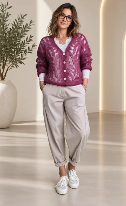 Cardigan dantelat cu mohair, cu model foarte fin  ,   pulover casual chic bordo