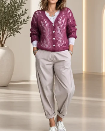 Cardigan dantelat cu mohair, cu model foarte fin  ,   pulover casual chic bordo