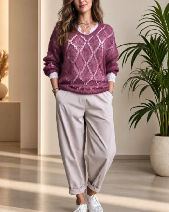 Pulover dantelat cu mohair, cu model foarte fin  ,   pulover casual chic bordo