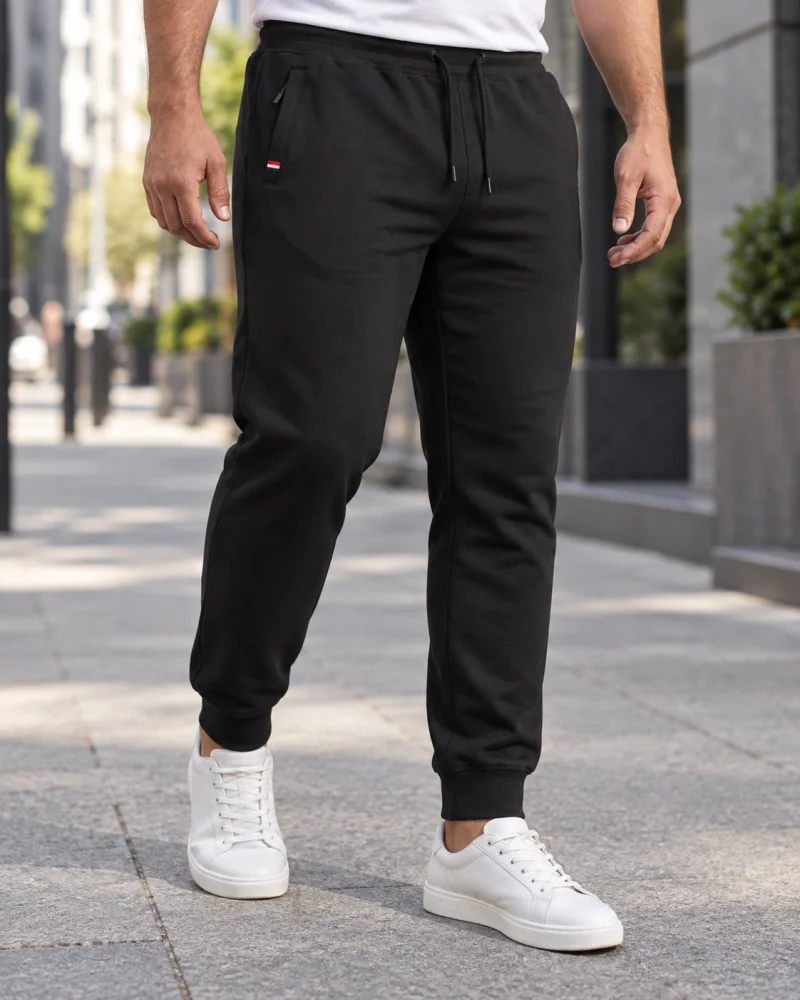 Pantaloni trening barbati marimi mari, negri, cu manseta, talie elastica si buzunare cu fermoar