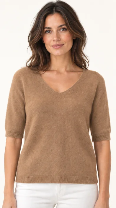 Pulover dama cu maneca scurta raglan si decolteu in V, camel