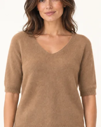 Pulover dama cu maneca scurta raglan si decolteu in V, camel