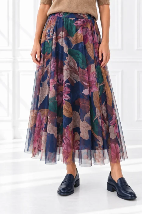Fusta lunga din tulle cu model floral multicolor si bleumarin