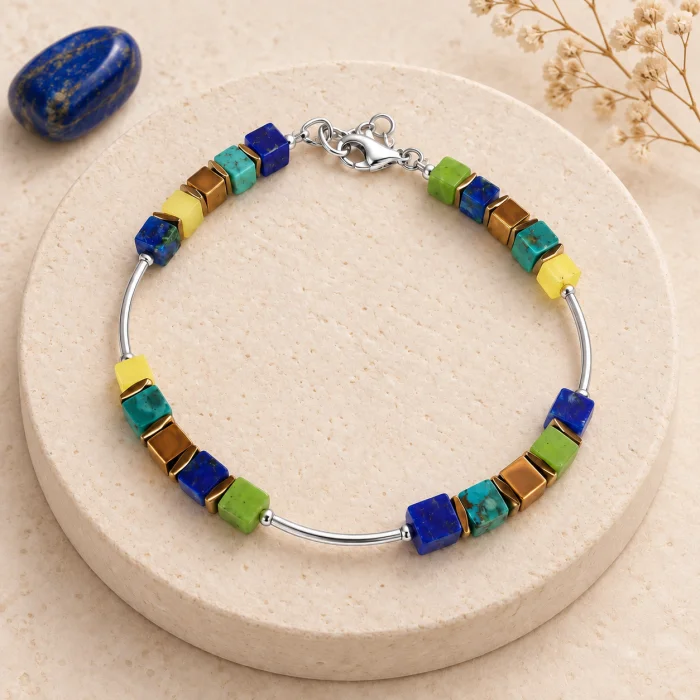Bratara argint cu tuburi si serii de 5 cubulete din lapis lazuli, malachit, turcoaz, serpentin si hematit auriu