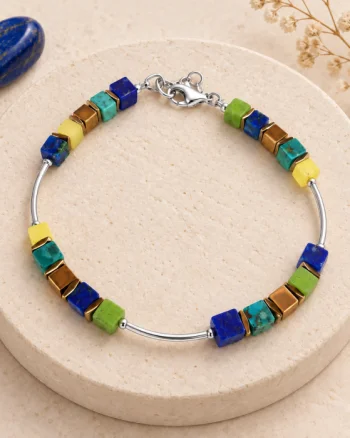 Bratara argint cu tuburi si serii de 5 cubulete din lapis lazuli, malachit, turcoaz, serpentin si hematit auriu