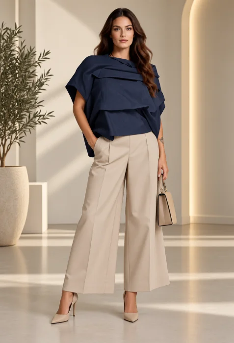 Bluza bleumarin inchis asimetrica statement cu volum arhitectural ,   Design modern