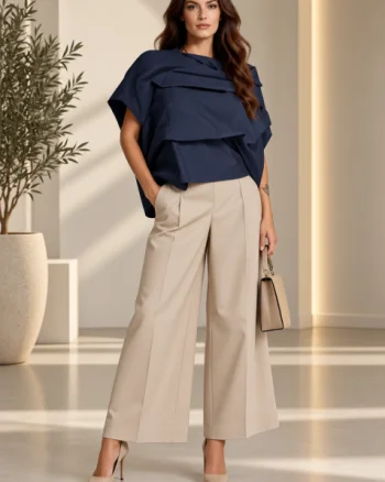 Bluza bleumarin inchis asimetrica statement cu volum arhitectural ,   Design modern