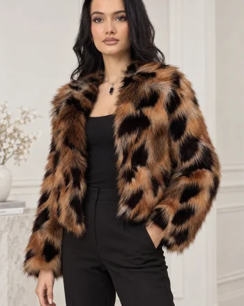 Haina animal print Ysolde din blana ecologica, cu interior satinat, ARAMIU, Marime S/M