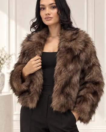 Haina animal print Ysolde din blana ecologica, cu interior satinat, BEJ, Marime S/M