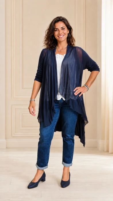 Blazer dama midi din matase usor asimetric, croi fluid pentru layering, bleumarin